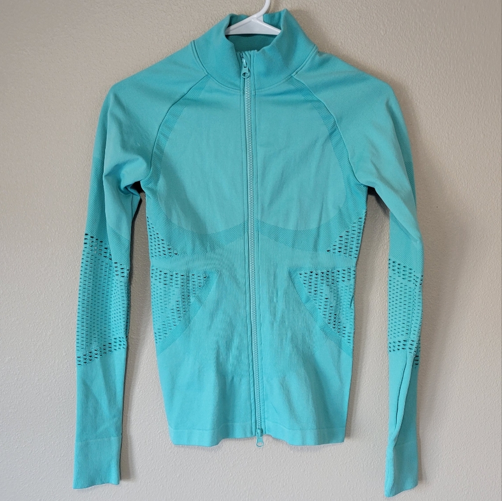 Fabletics "Mia" Seamless Mock Neck Top Zip Jacket | Blue Teal | xs
